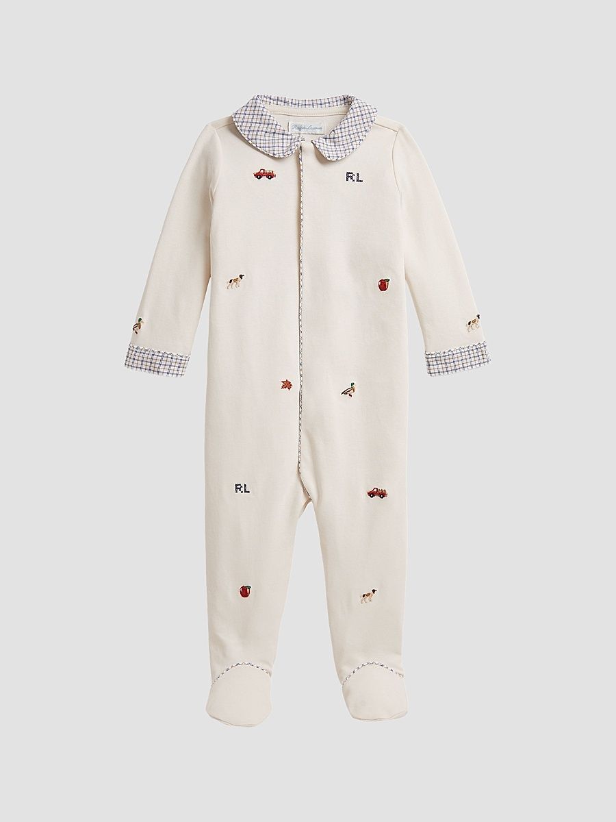 Baby Boy's Embroidered Cotton Interlock Footed Coverall - Estate Cream - Size 9 Months