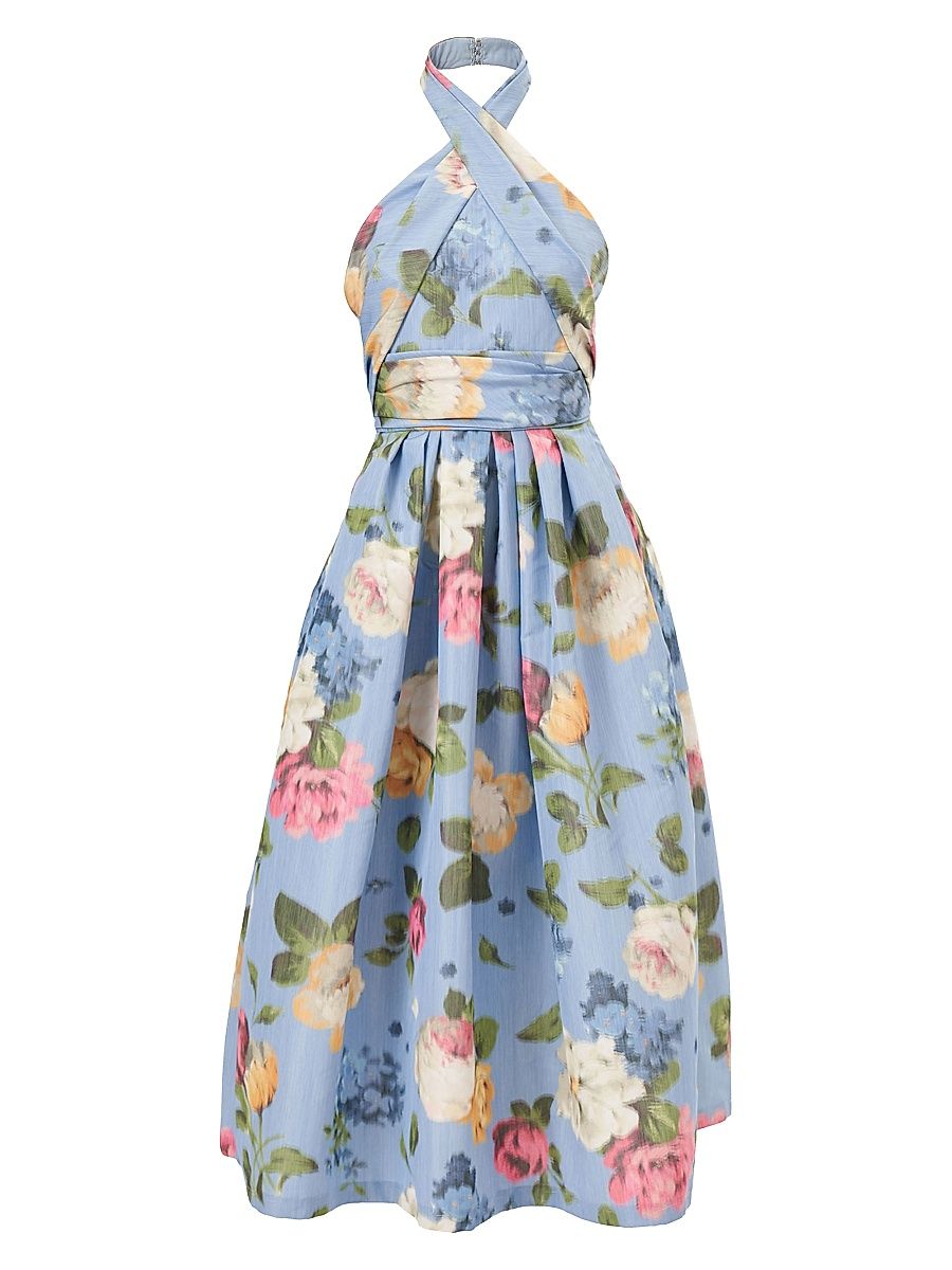 Women's Cabana Floral Crossed Halterneck Midi-Dress - Cloudy Blue Multi - Size 2