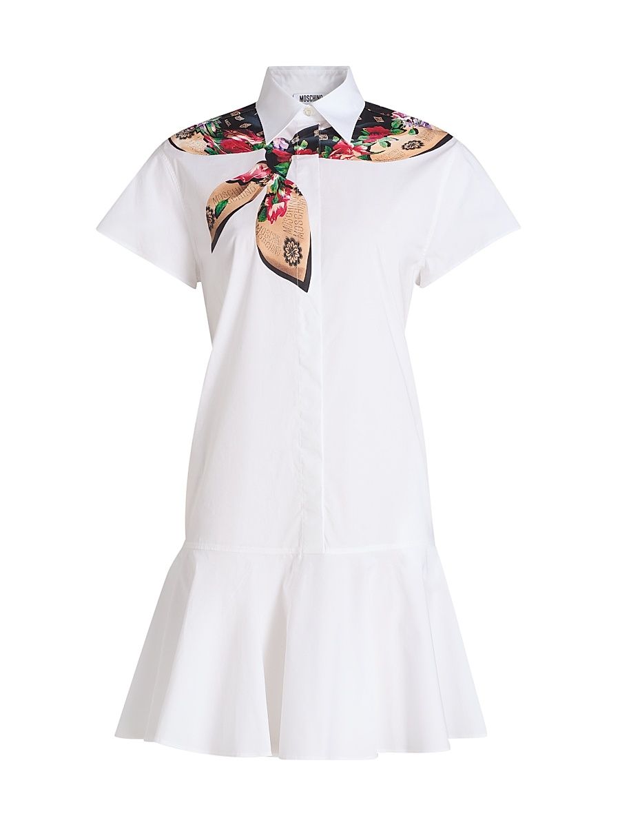 Women's Scarf-Print Cotton Shirtdress - Multi White - Size 14