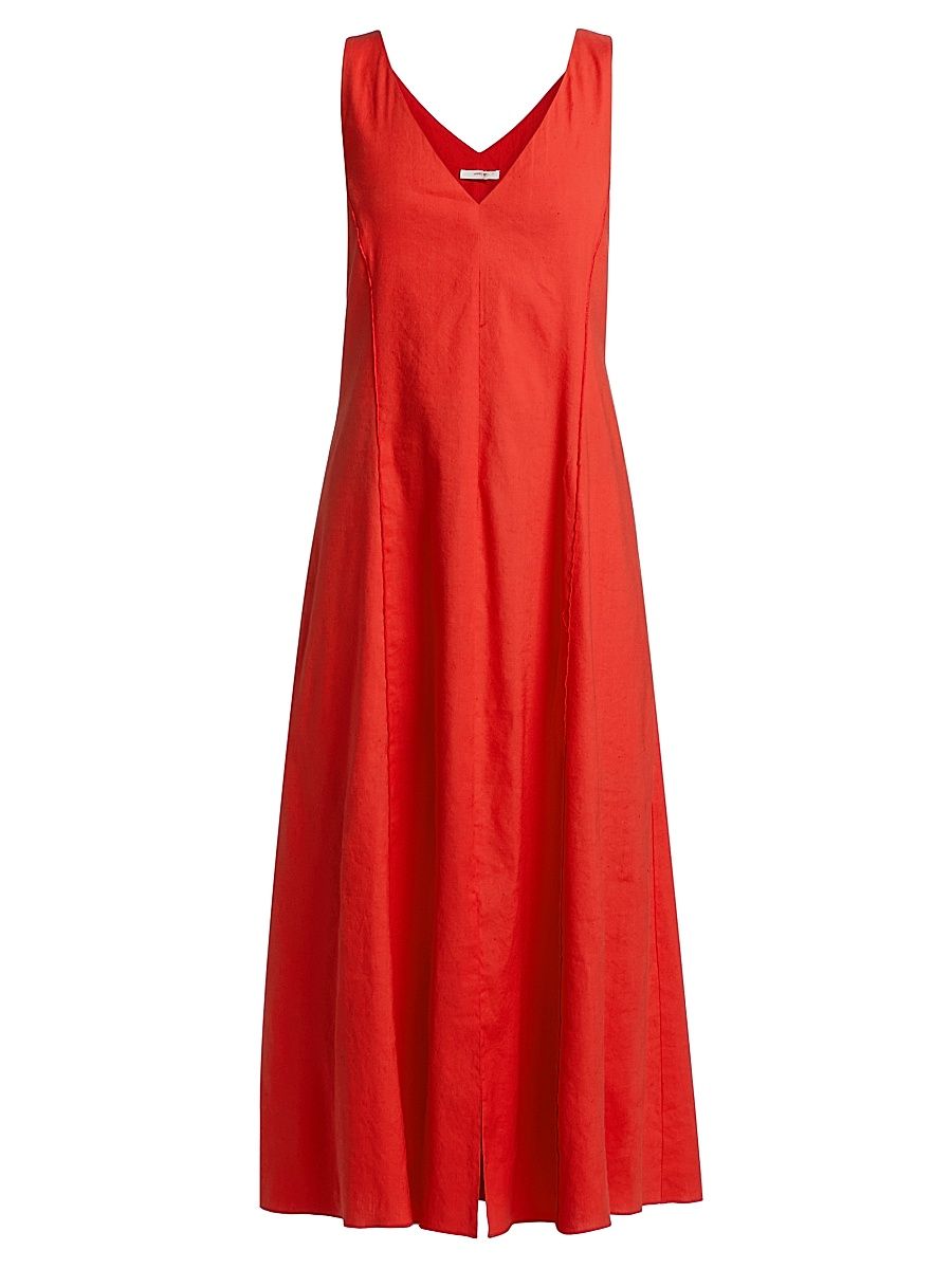 Women's V-Neck Linen-Blend Sleeveless Midi-Dress - Poppy - Size XXS