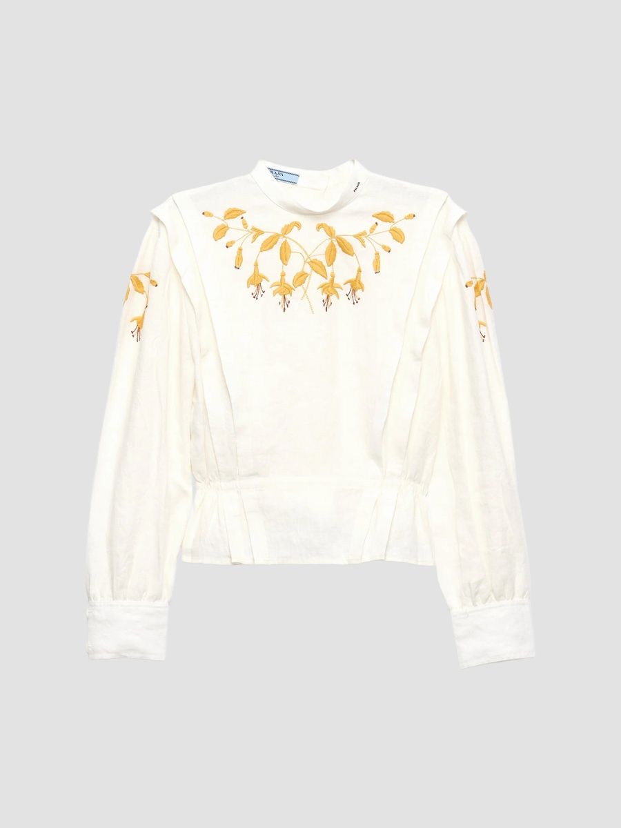 Prada Women's Embroidered Slubbed Fabric Top - Beige - Size 0