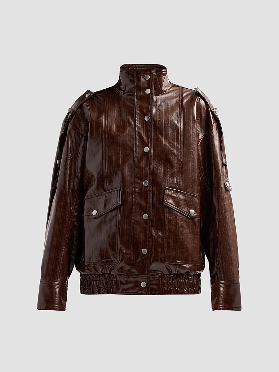 Women's Faux-Leather Bomber Jacket - Espresso - Size Large