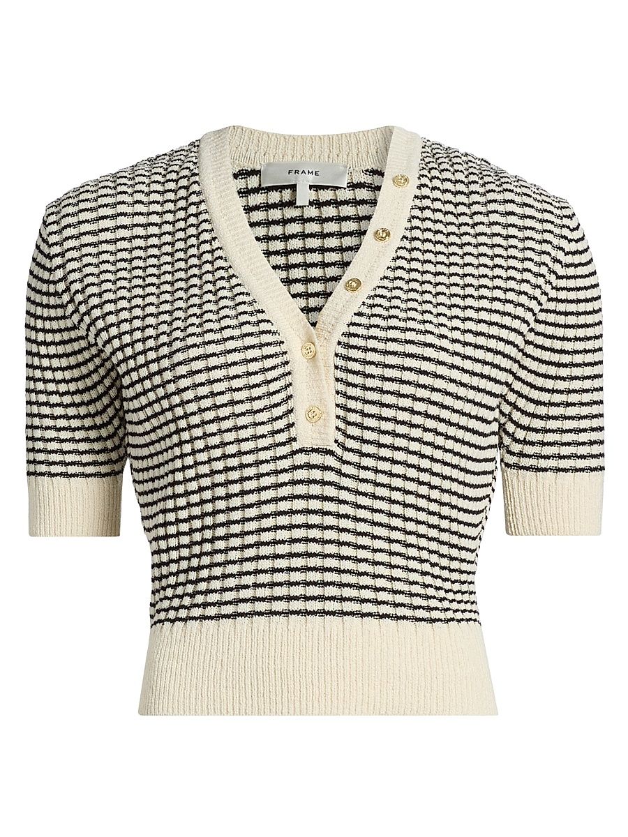 Women's Striped V-Neck Short-Sleeve Sweater - Cream Multi - Size XL