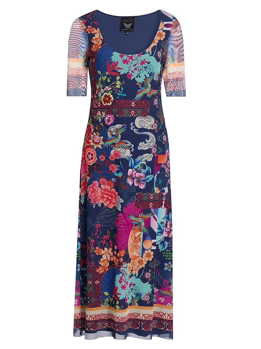 Women's Maya Printed Mesh Midi-Dress - Dreamer Blu - Size Large
