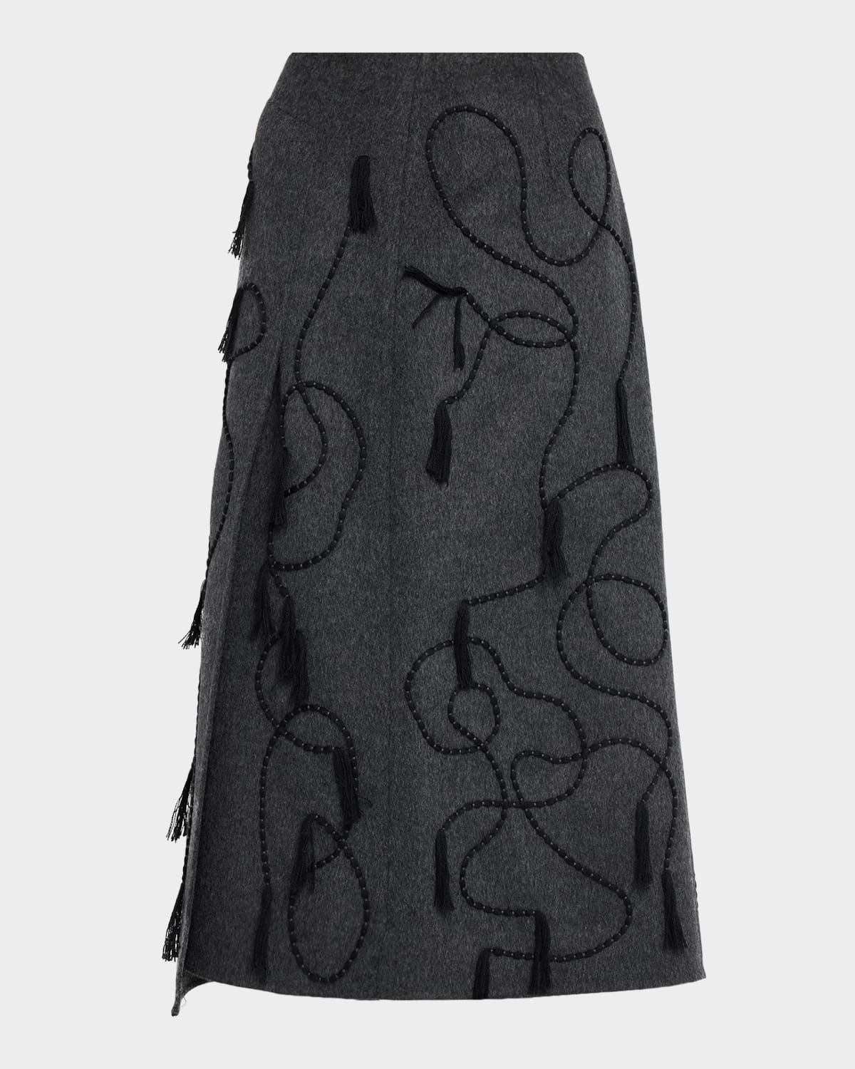 Tassel Embroidered Wool-Cashmere Midi Skirt