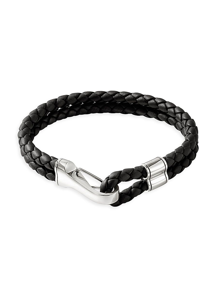 Men's Braided Leather & Sterling Silver Double Row Bracelet - Silver Black - Size XL