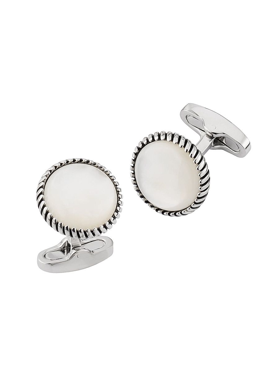 Men's Round Mother Of Pearl Rope Border Cufflinks - White