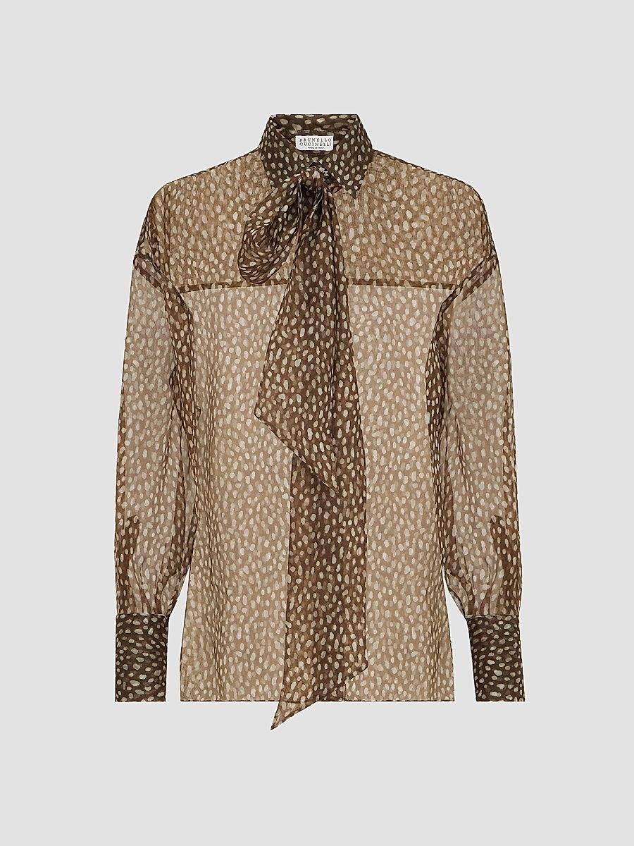Women's Dapple Silk Organza Shirt with Neck Tie - Chocolate - Size Medium