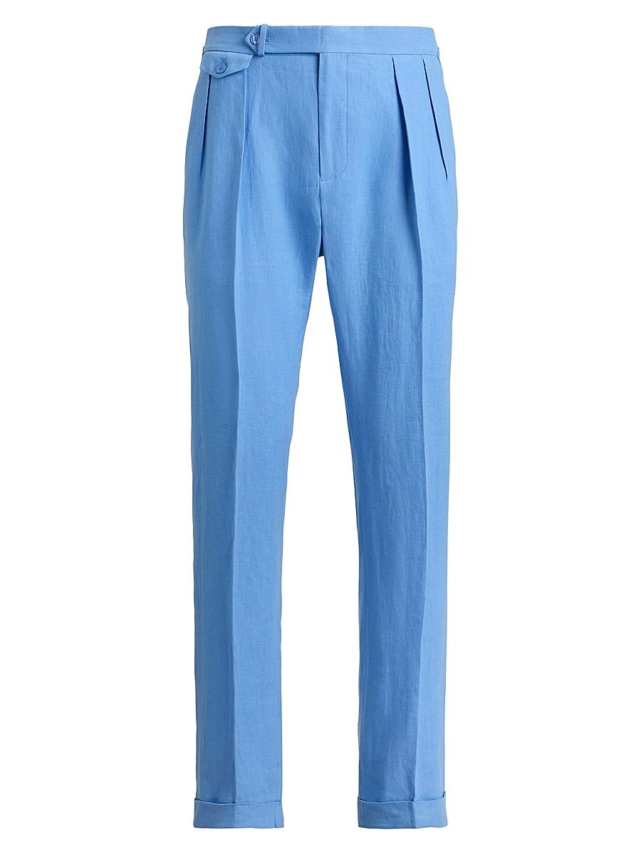 Men's Pleated Linen Straight-Leg Trousers - Sky Blue - Size 38