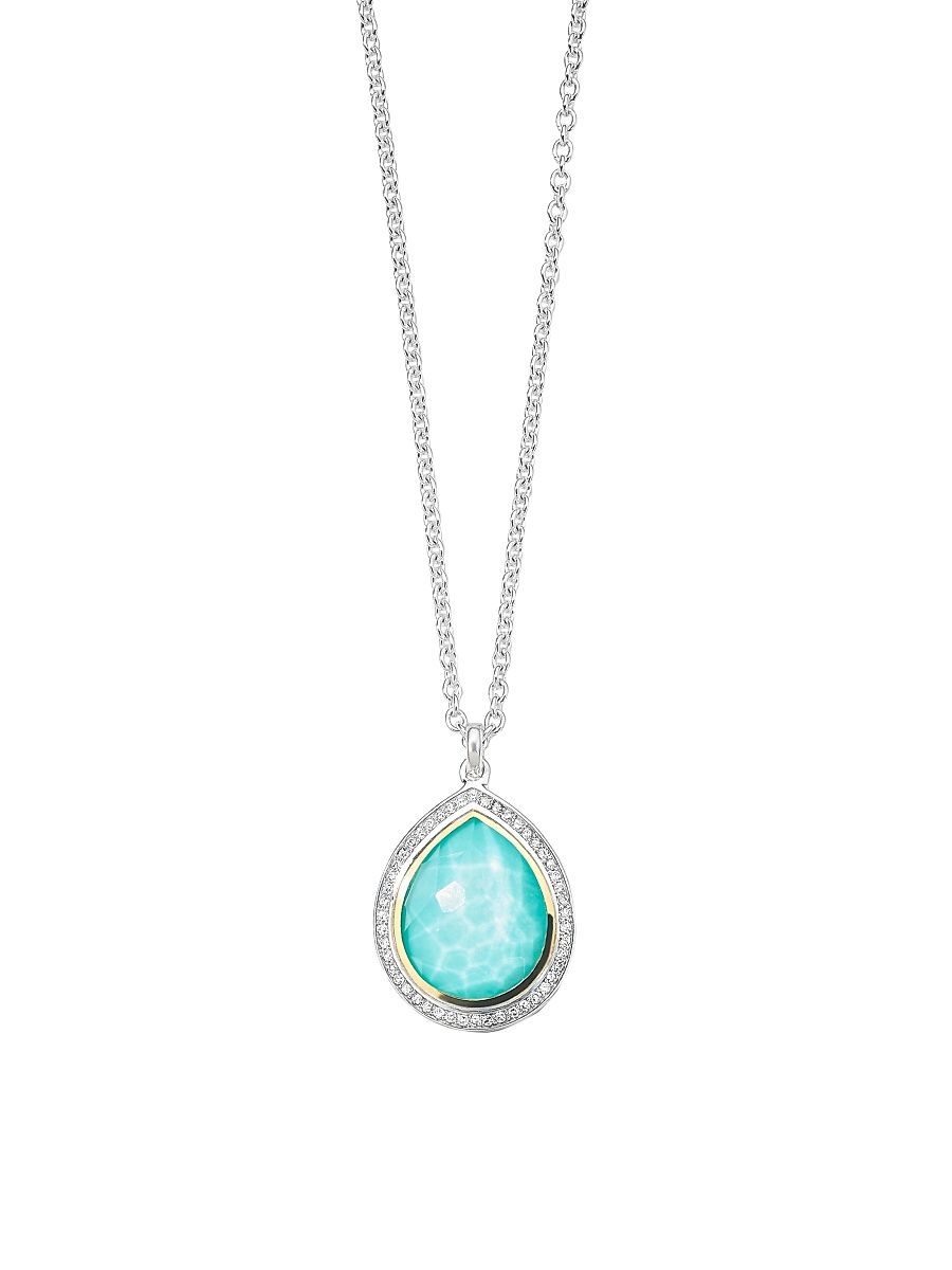 Women's 2T Rock Candy Teardrop 18K Gold, Sterling Silver, Turquoise & Diamond Small Pendant Necklace - Silver - Size 16