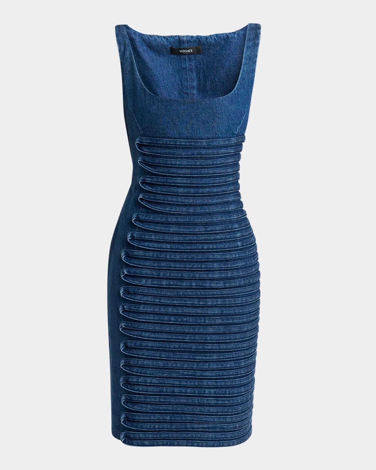 Stripe Embroidered Sleeveless Denim Dress