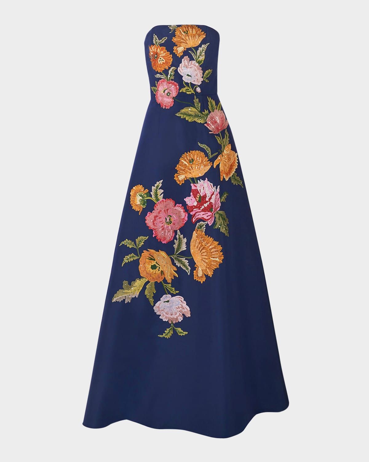 Strapless Floral Embroidered A-Line Gown