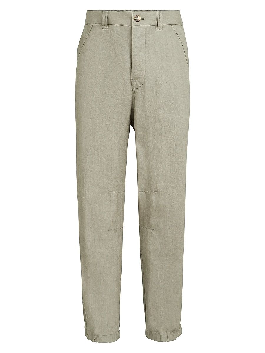 Men's Linen Micro Chevron Trousers with Drawstrings - Sage - Size 40