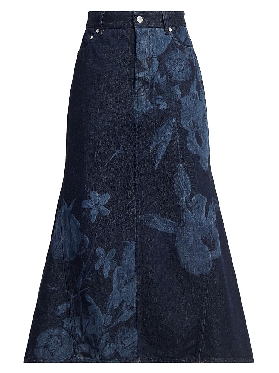 Women's Dutch Flower Denim Fluted Midi-Skirt - Dutch Flower Painting Indigo - Size 10