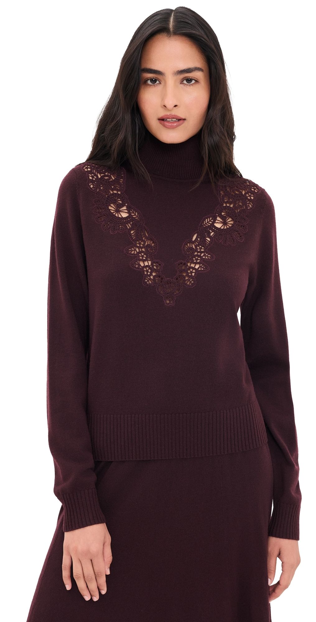 Zimmermann Valiant Merino Wool Lace Turtleneck Sweater Mahogany 2