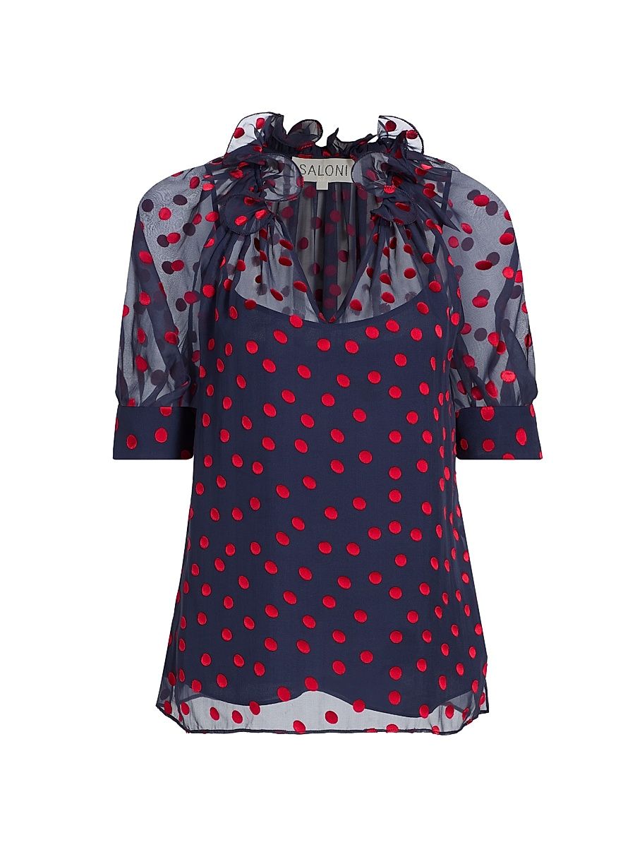 Women's Josie Polka Dot Silk Top - Navy Bright Rouge - Size 10