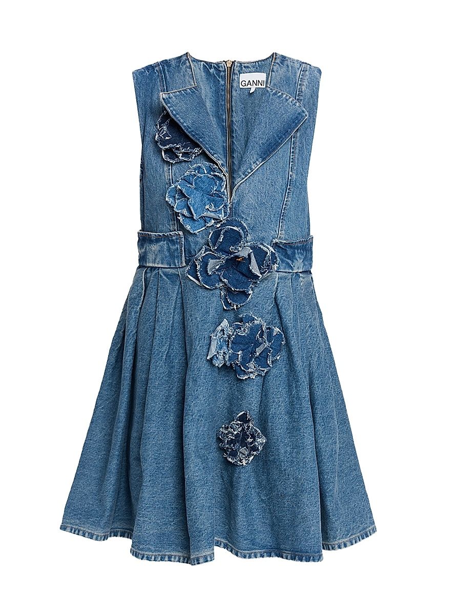 Women's Flower Denim Puff Minidress - Mid Blue Stone - Size 14