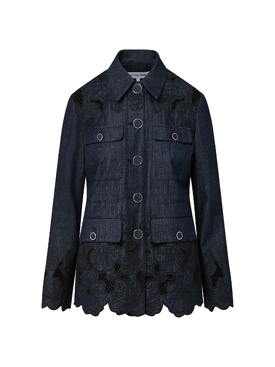 Women's Kiki Scalloped Lace-Trim Cotton Jacket - Indigo Rinse - Size 16