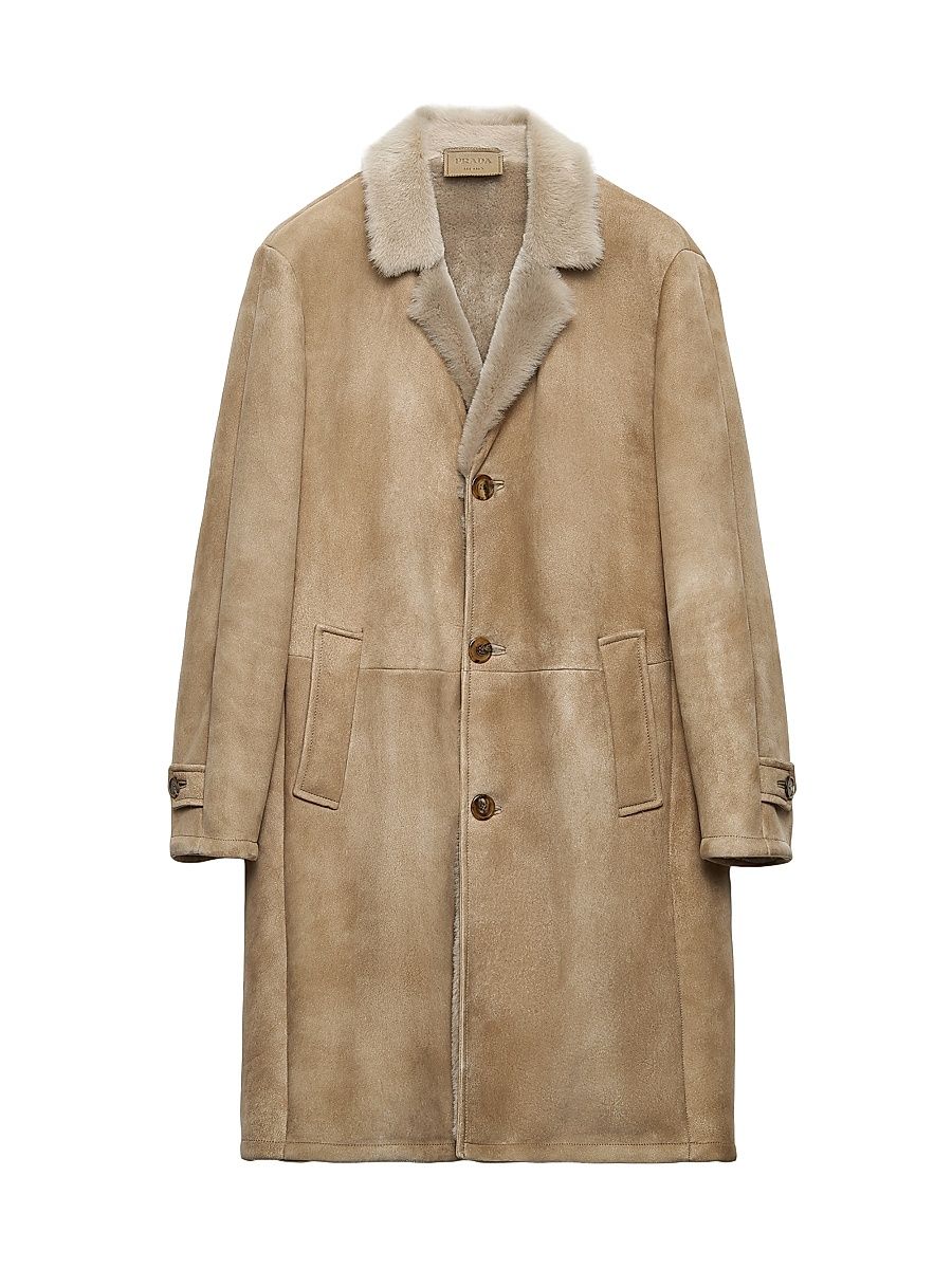 Men's Shearling Long Coat - Beige - Size 44