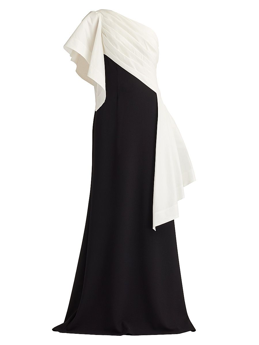 Women's Pleated Draped One-Shoulder Gown - White Black - Size XXL