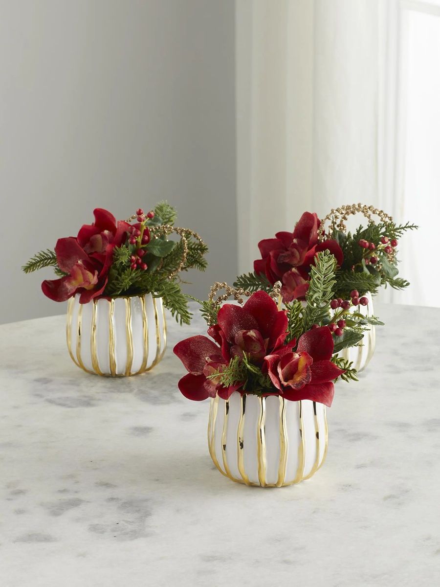 3-Piece Artificial Pave Christmas Orchids Arrangement - Red