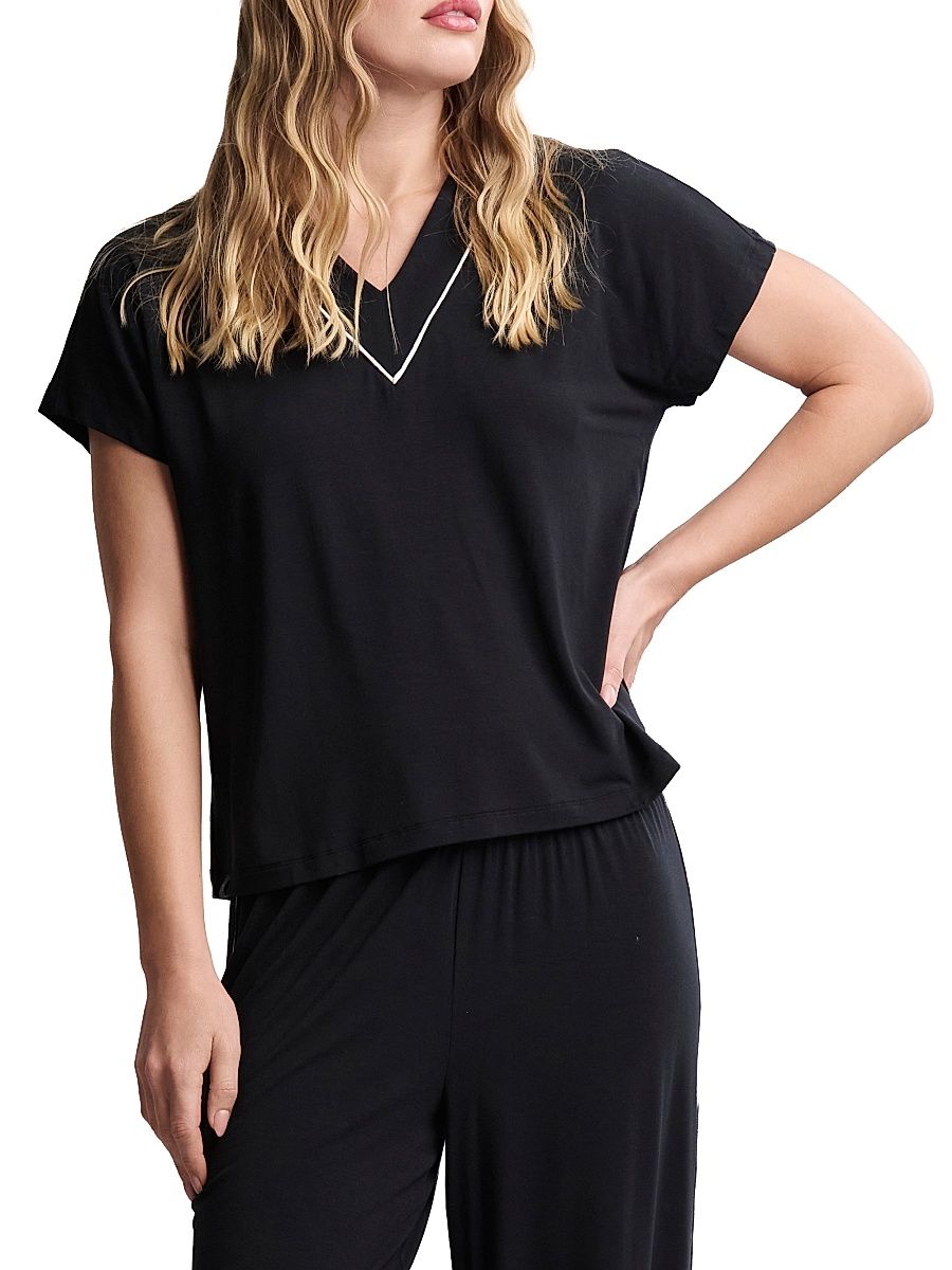 Women's Contrast-Trimmed Pajamas - Black - Size XL