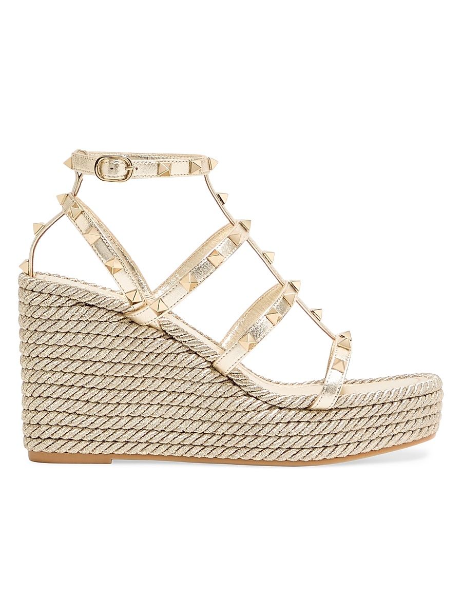 Women's Rockstud Laminated 95MM Nappa Wedge Sandals - Platinum - Size 12