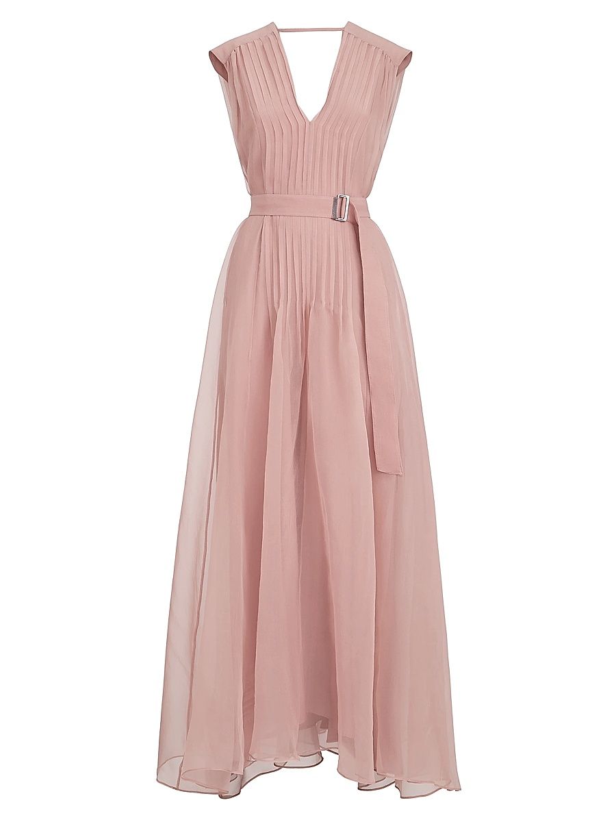 Women's Crispy Silk Belted Dress with Pleated Detail - Pink - Size XXXL