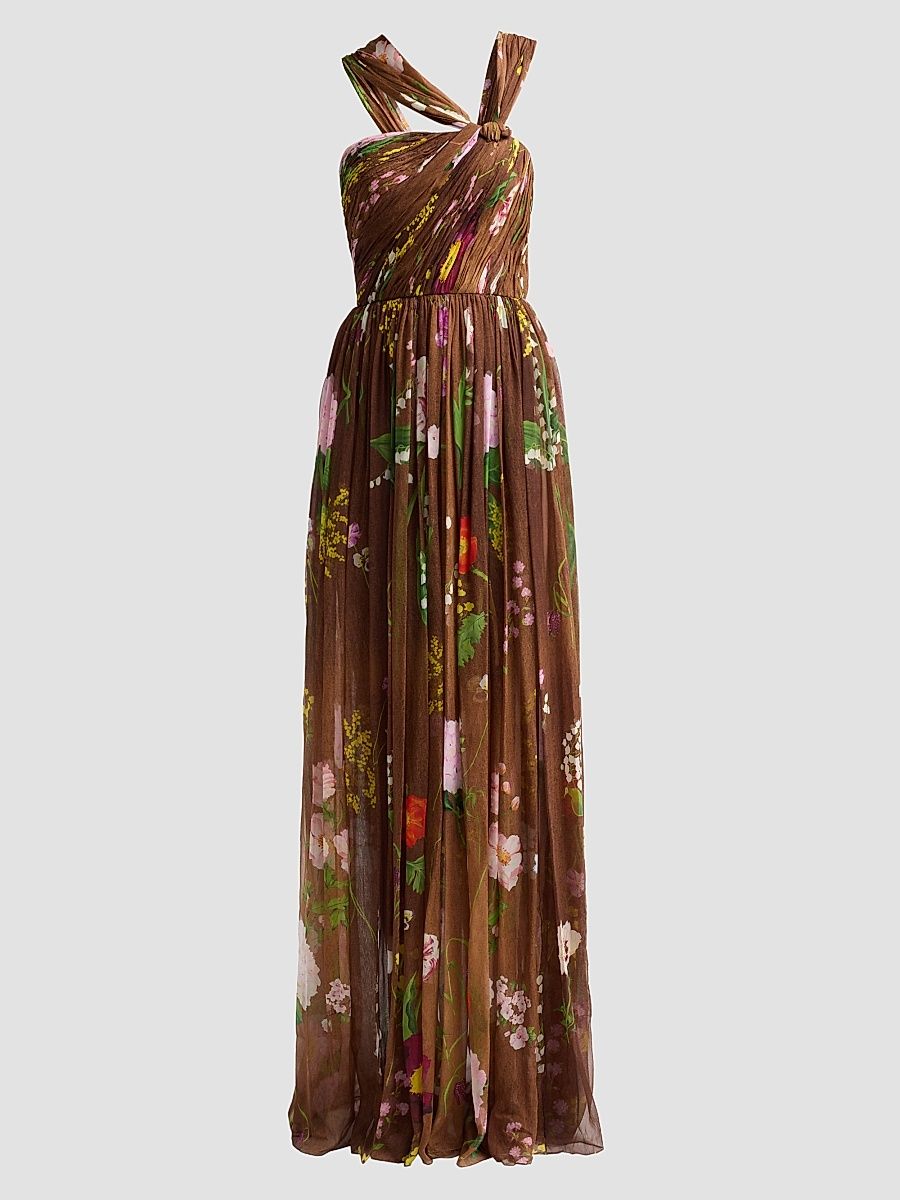 Women's Mixed Botanical Silk Chiffon Gown - Brown Multi - Size 10