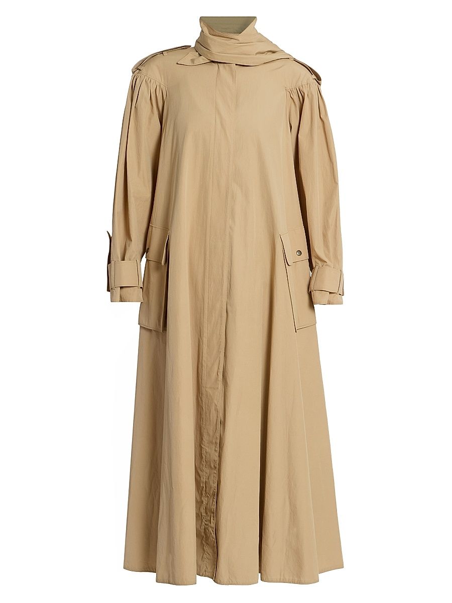 Women's Gathered Cotton Trench Coat - Amber Olive - Size XS