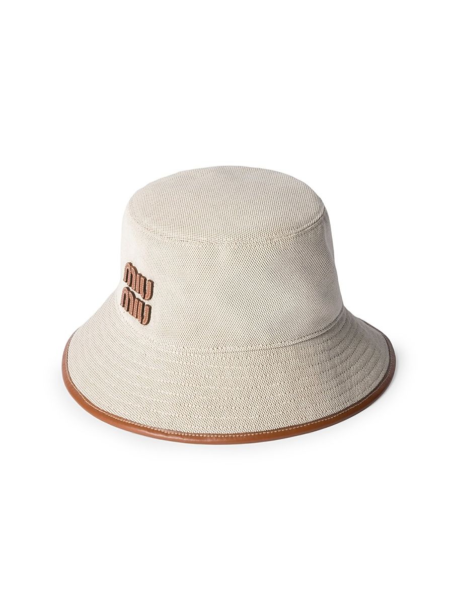 Women's Canvas and Leather Bucket Hat - Beige Khaki - Size Medium