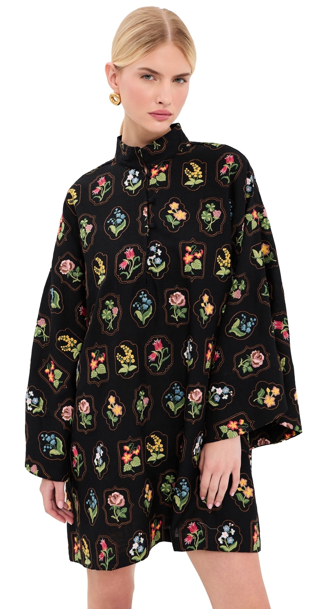 La Vie Style House Embroidered Garden Mini Caftan Black & Multi One Size