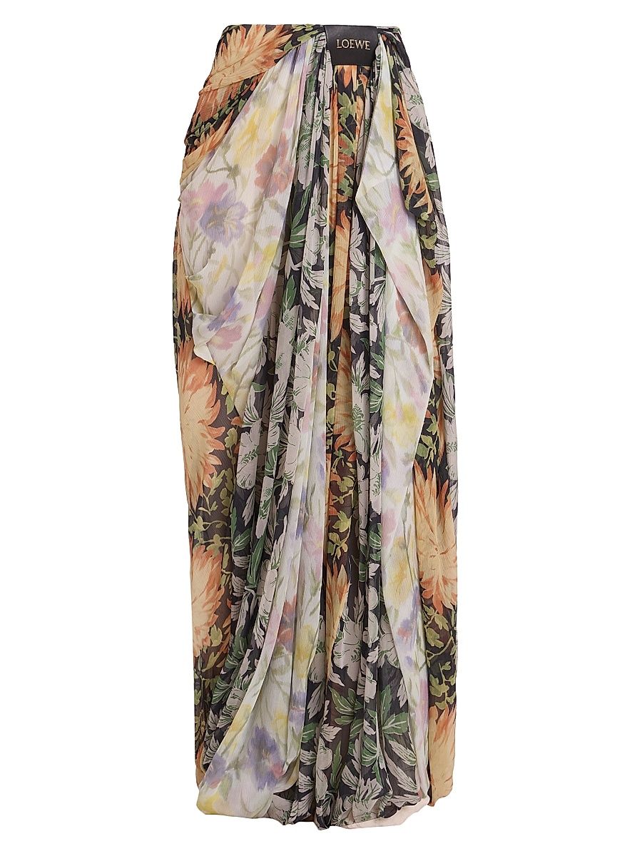 Women's Floral Silk-Blend Draped Wide-Leg Pants - Size 10