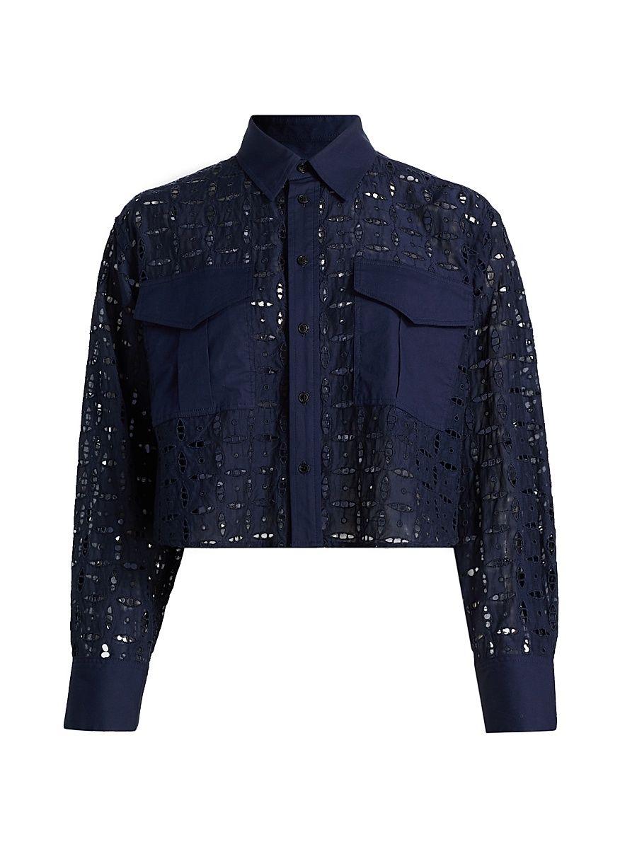 Women's Anouk Embroidered Eyelet Crop Button-Front Shirt - Navy - Size XL