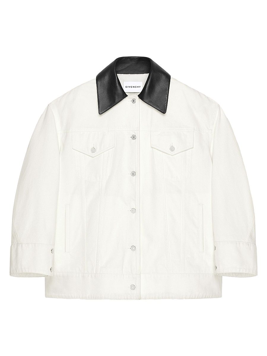 Women's Jacket in Denim with Leather Collar - Off White - Size 2