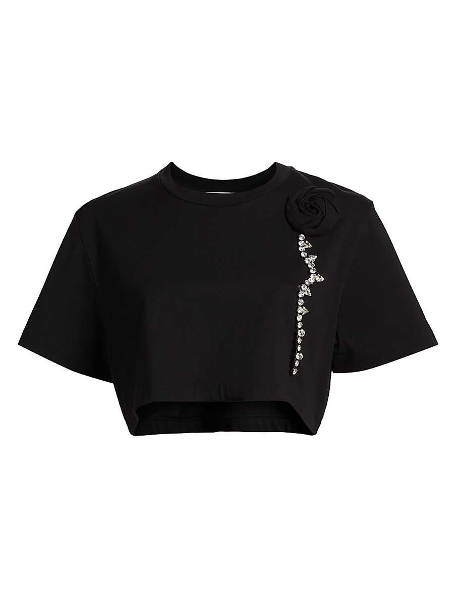 Women's Crystal Rosette Stretch-Cotton Crop T-Shirt - Black - Size XS