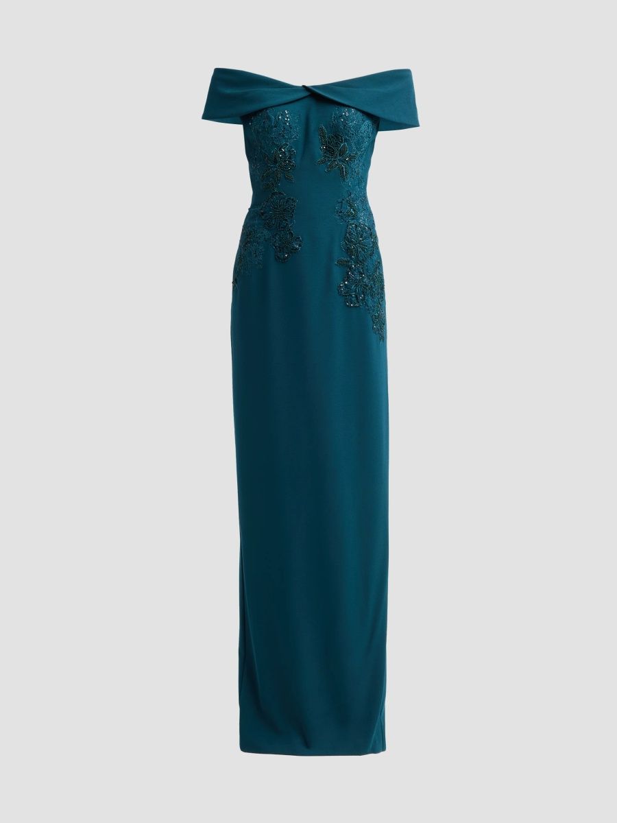 Rene Ruiz Collection Women's Embroidered Off-the-Shoulder Column Gown - Dark Emerald - Size 16