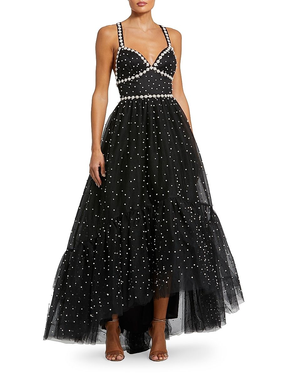 Mac Duggal Women's Tulle Faux-Pearl High-Low Gown - Black Ivory - Size 6