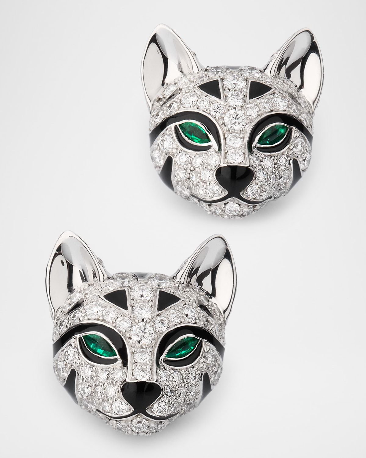 18K White Gold Fuzzy, the Leopard Stud Earrings with Diamonds and Emeralds