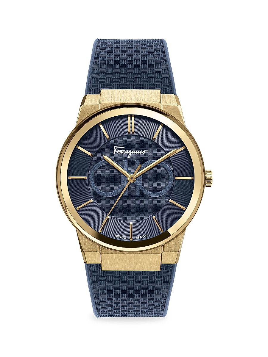 Men's FERRAGAMO Sapphire Yellow Gold IP Double Gancini Rubber Strap Watch - Gold