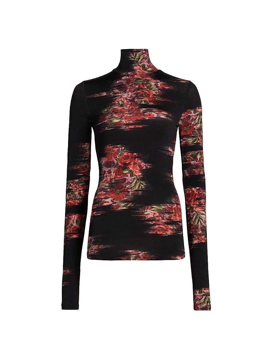 Women's Floral Stretch Jersey Turtleneck Top - Black - Size 22