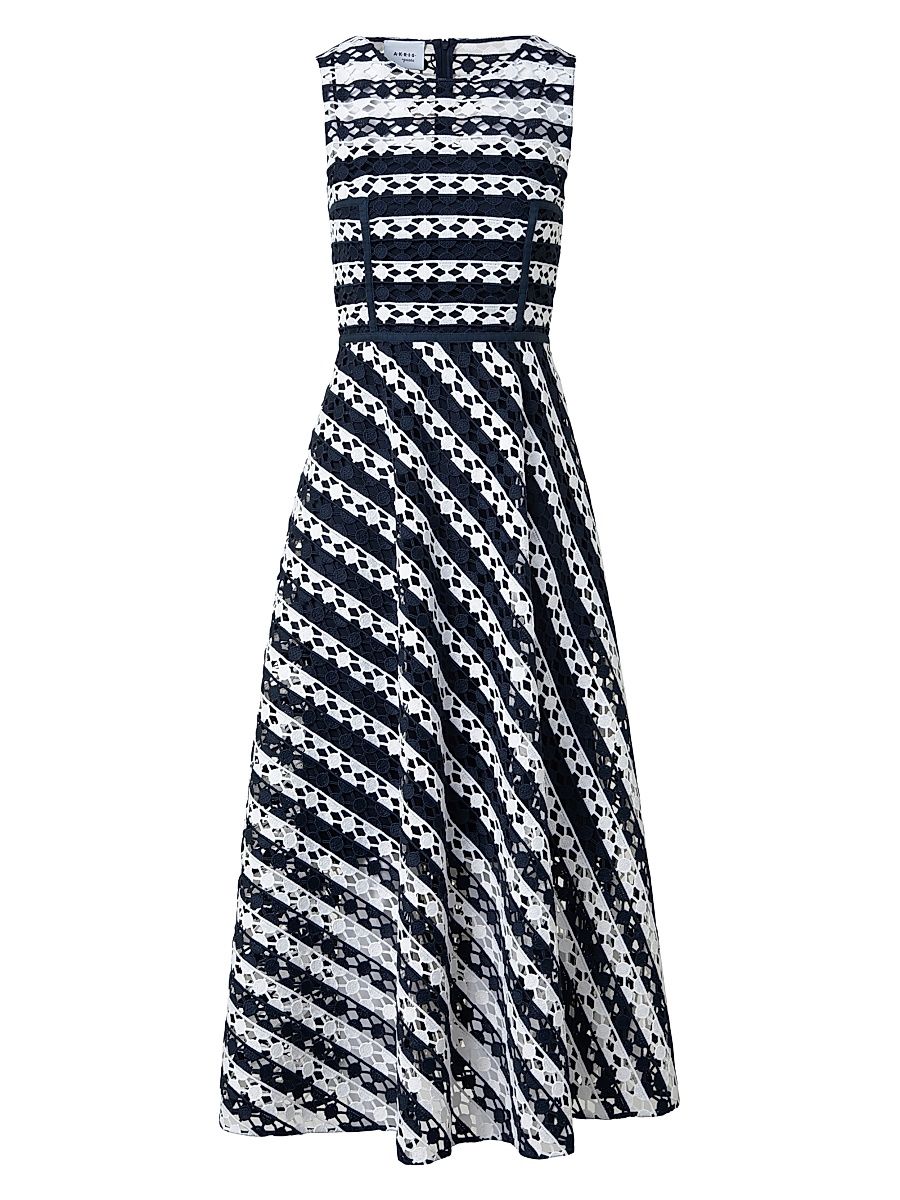 Women's Striped Guipure Lace Maxi Dress - Navy Cream - Size 12