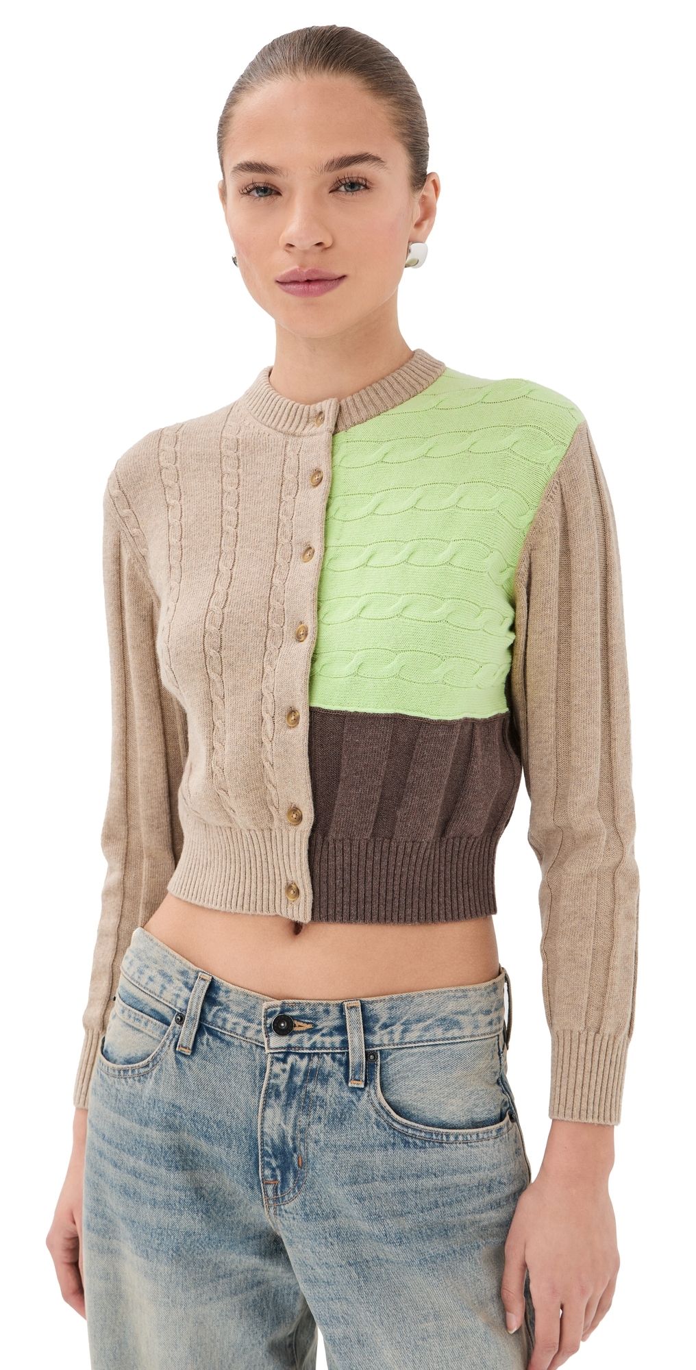3.1 Phillip Lim Mixed Cables Long Sleeve Cropped Crew Neck Cardigan Beige Melange Multi L