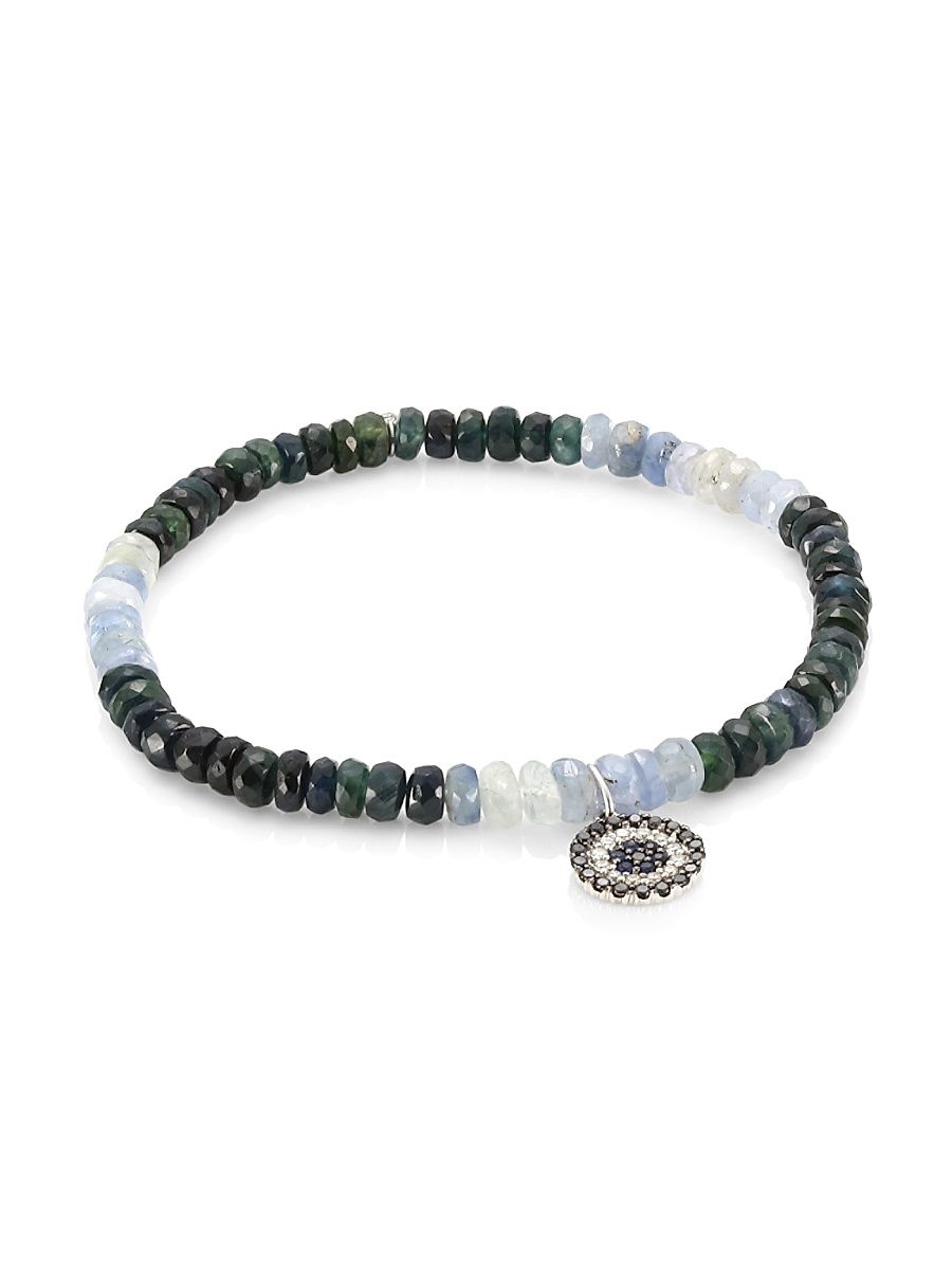 Women's Small Evil Eye 14K White Gold, Diamond, Black Diamond & Blue Sapphire Beaded Bracelet