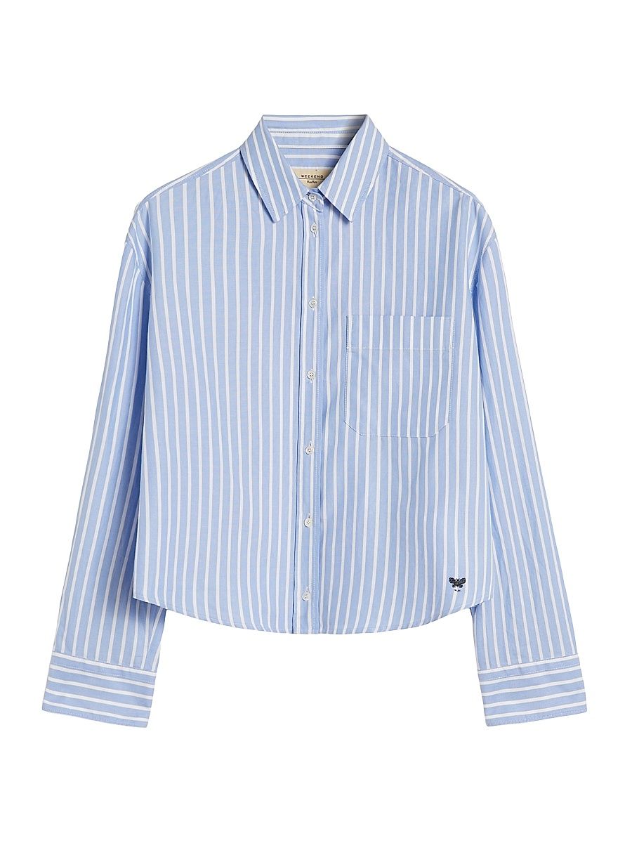 Women's Striped Cotton Oxford Shirt - Light Blue - Size 16