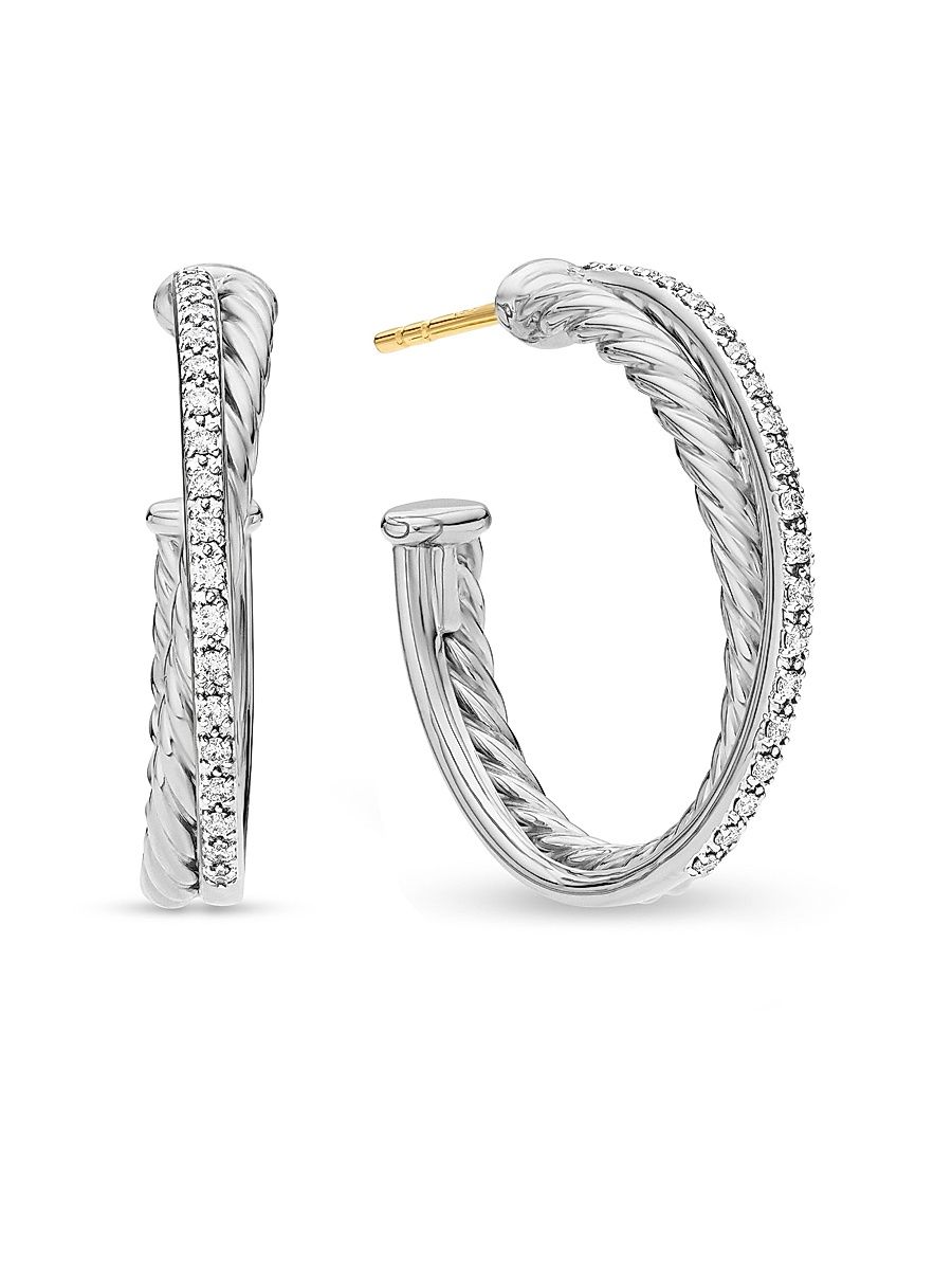 Women's Crossover Hoop Earrings in Sterling Silver with Diamonds, 26.5mm - Diamond