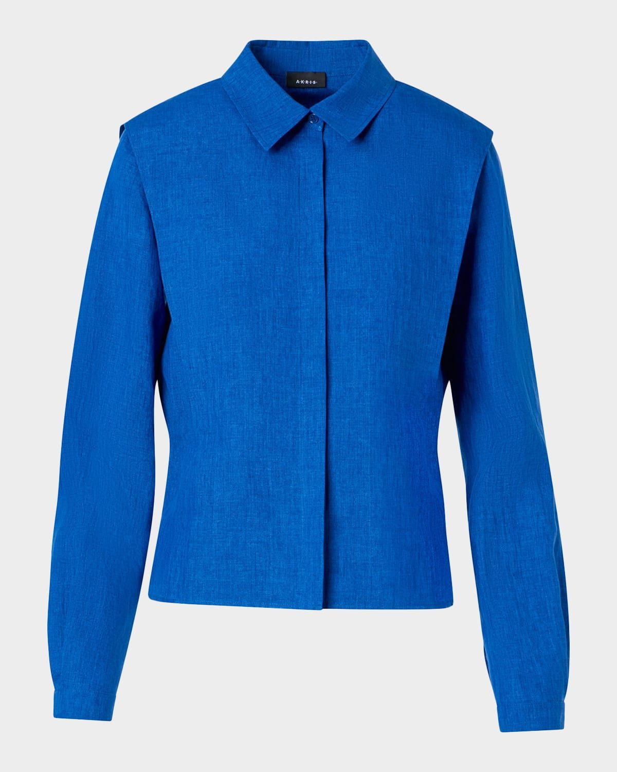 Ruched Linen Button-Down Blouse