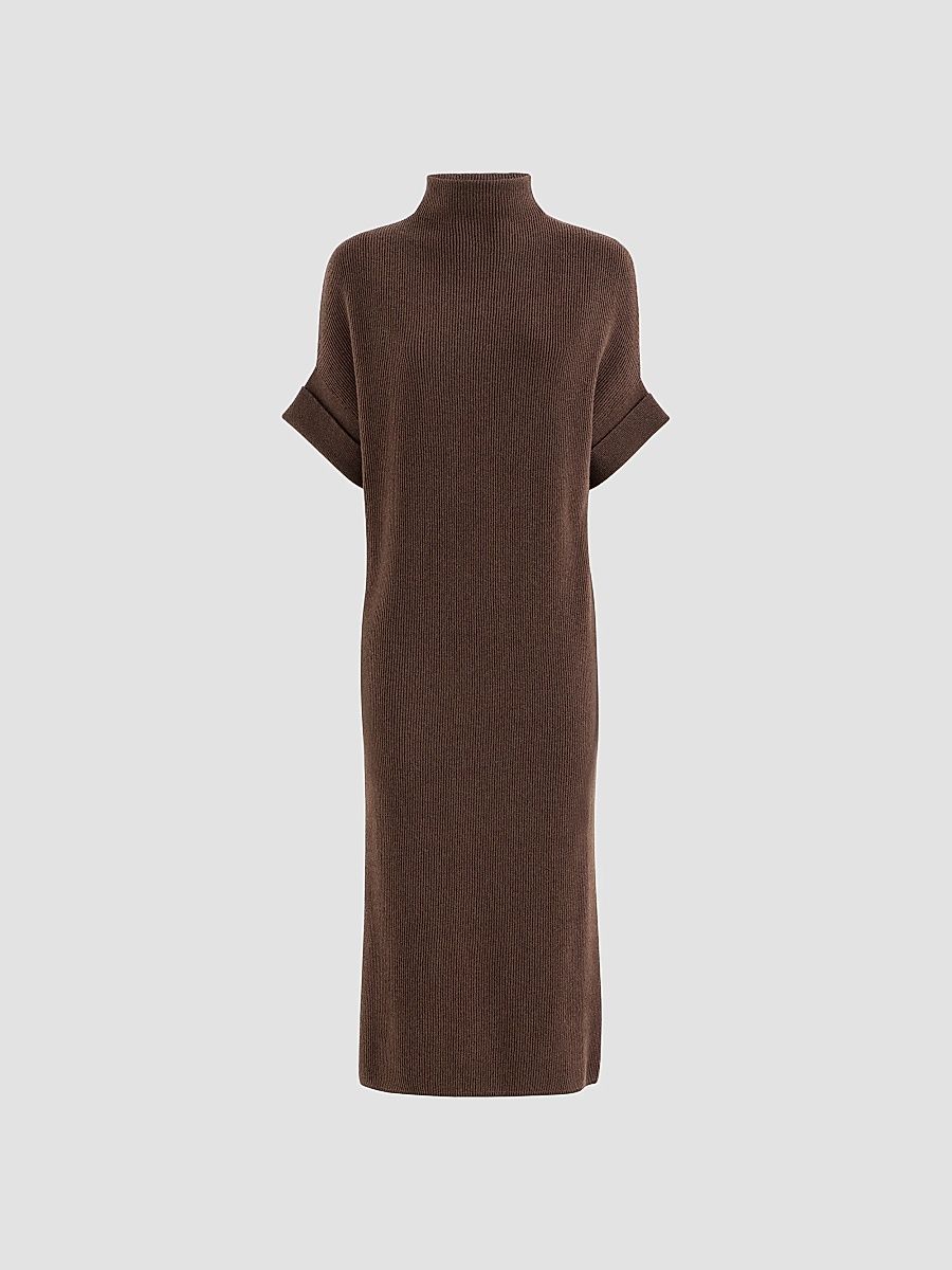 Women's Cashmere Rib Knit Mock Neck Dress - Brown - Size XXS
