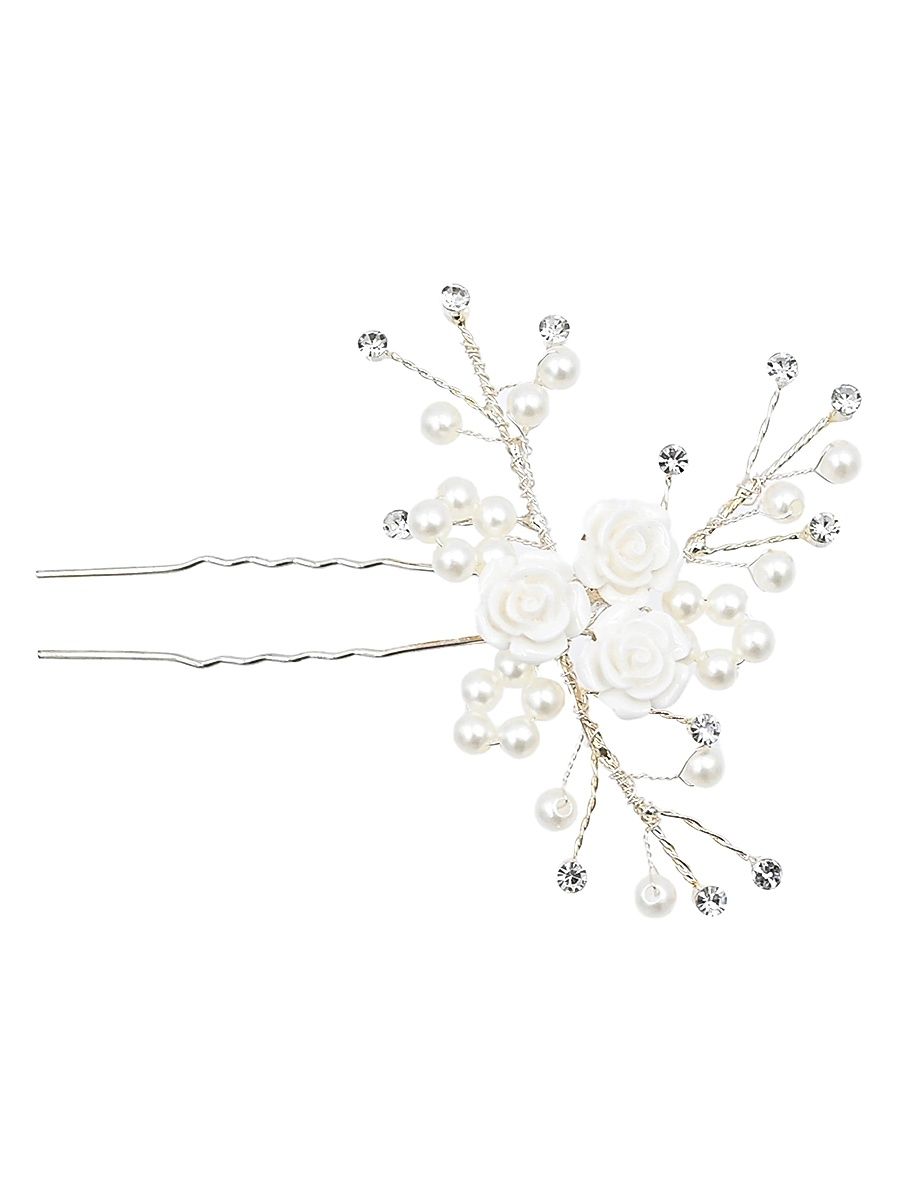 Rhinestone Pearl Rose Hair Pin - Silver