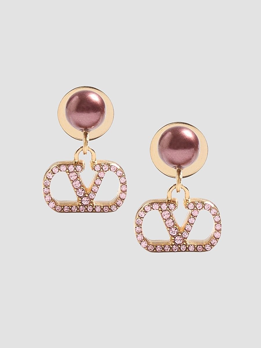 Women's VLogo Signature Earrings in Metal, Pearl and Swarovski Crystals - Gold Pink